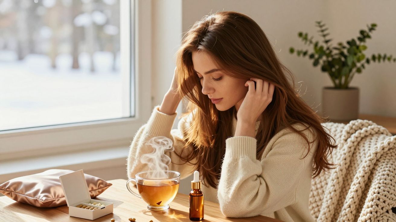 Mulher sorridente sentada junto à janela com chá quente, frascos de remédios e manta de lã.