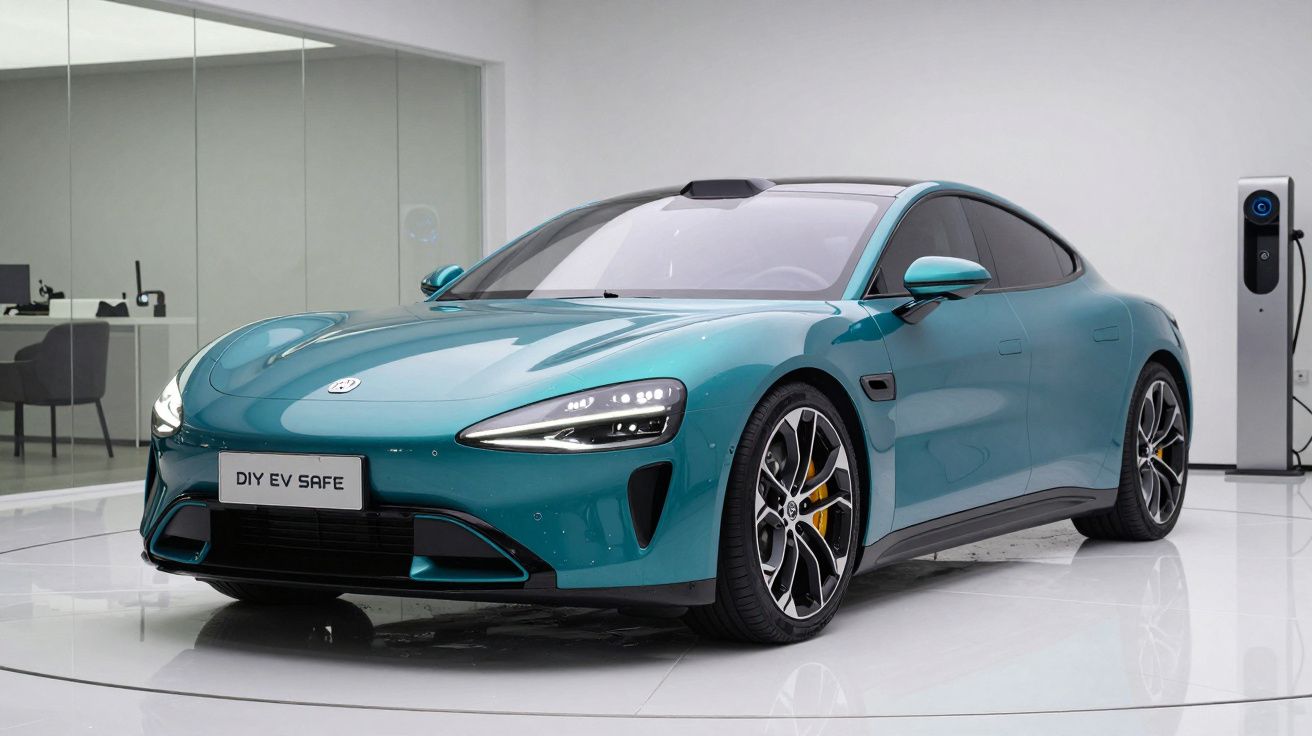 Carro elétrico desportivo azul metálico num showroom com estação de carregamento visível.