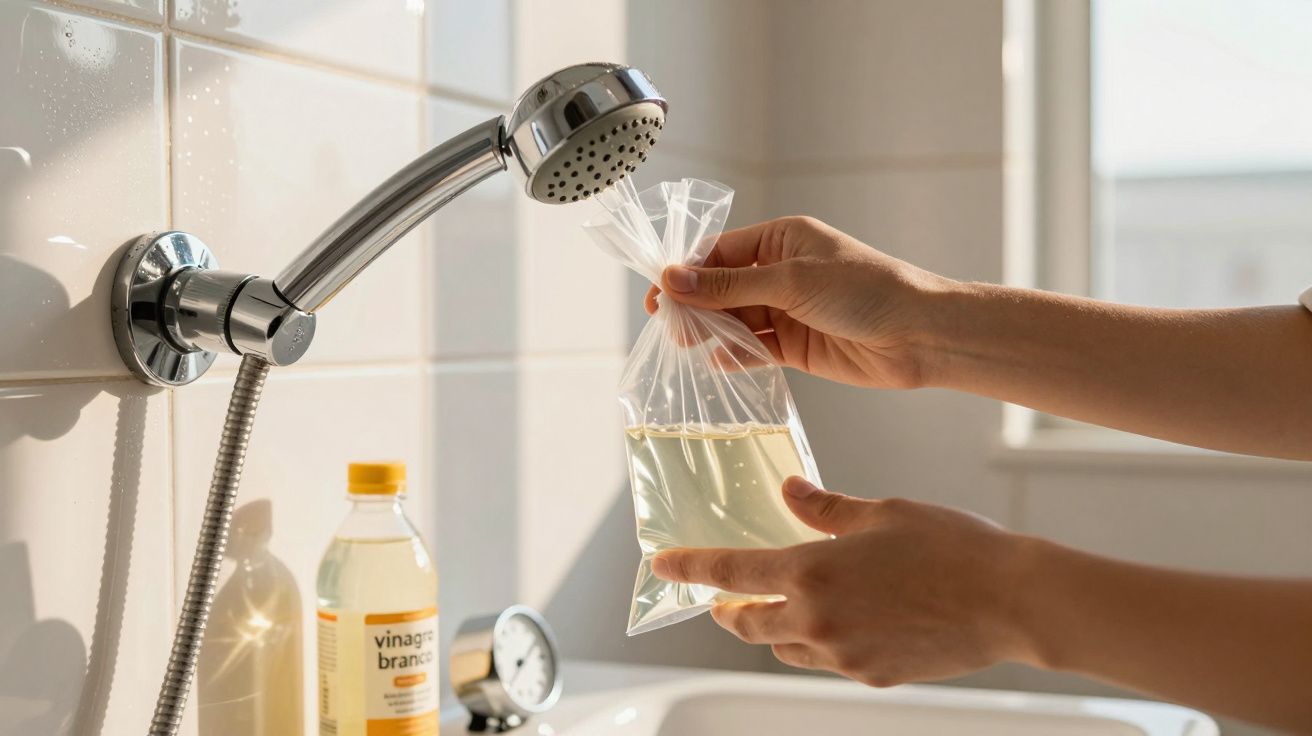 Mãos seguram saco plástico com líquido claro junto a chuveiro com garrafa de vinagre branco ao fundo.