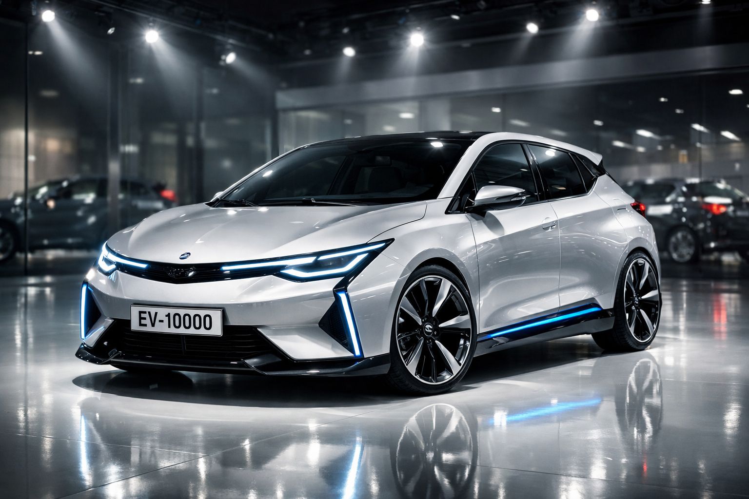 Carro elétrico moderno prateado com luzes LED azuis exposto num salão brilhante.