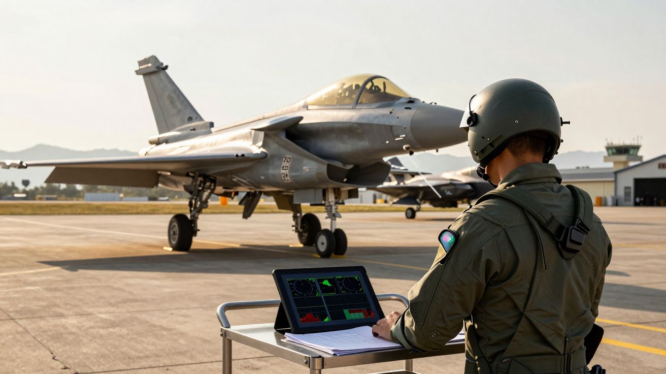 Piloto militar com capacete junto a jacto de combate numa pista de aeroporto ao pôr do sol.