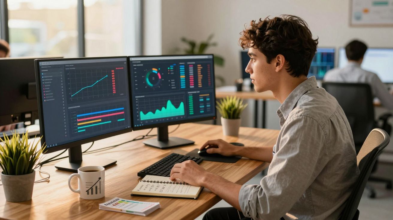 Jovem a trabalhar em análise de dados em escritório moderno com dois ecrãs e gráficos coloridos.