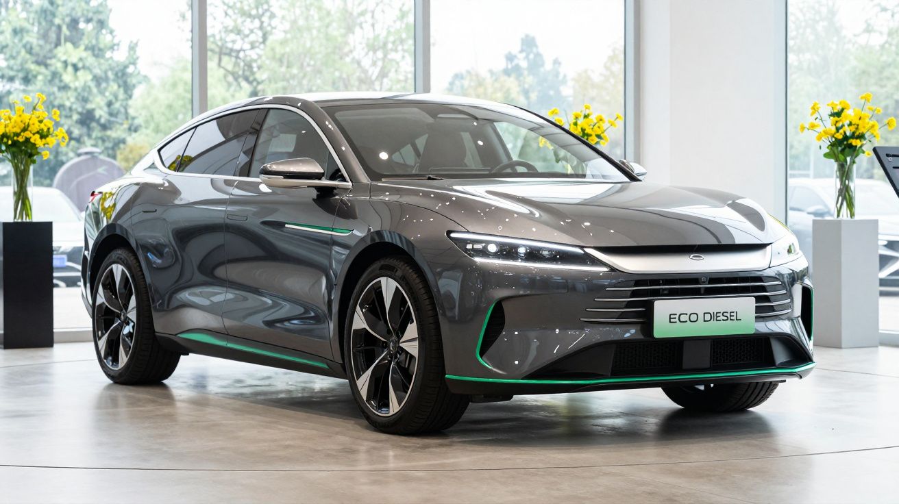 Carro eléctrico cinzento elegante com detalhes verdes e placa "ECO DIESEL" em showroom moderno com janelas grandes.