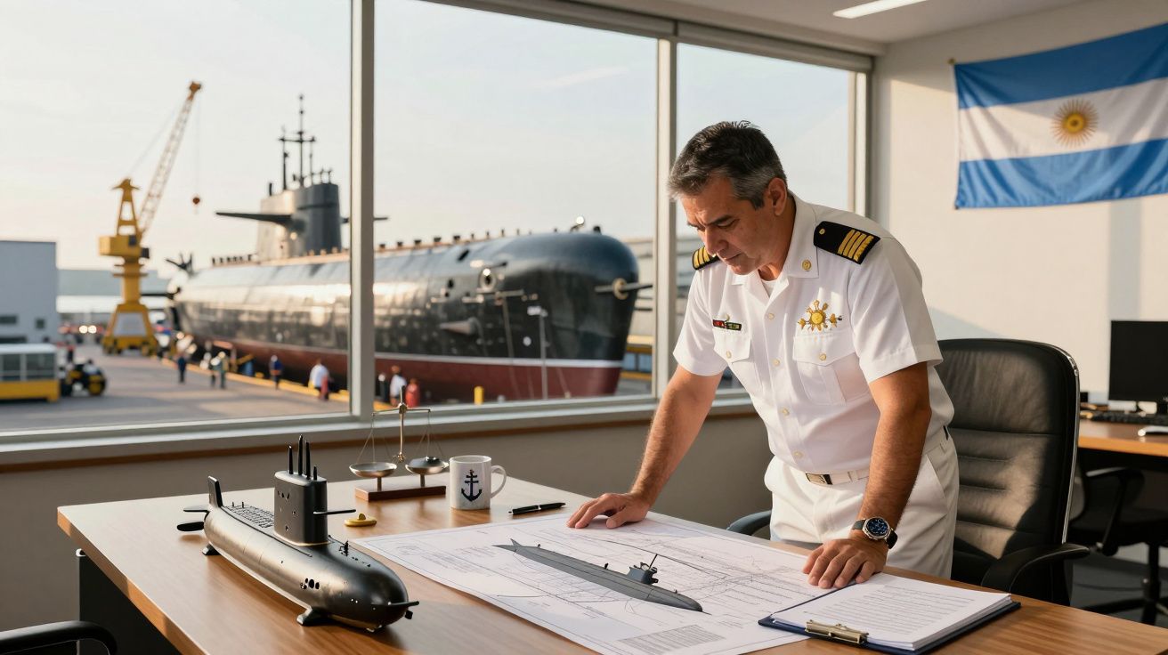 Oficial naval argentino a estudar plantas de submarino numa sala com modelo e submarino ao fundo.