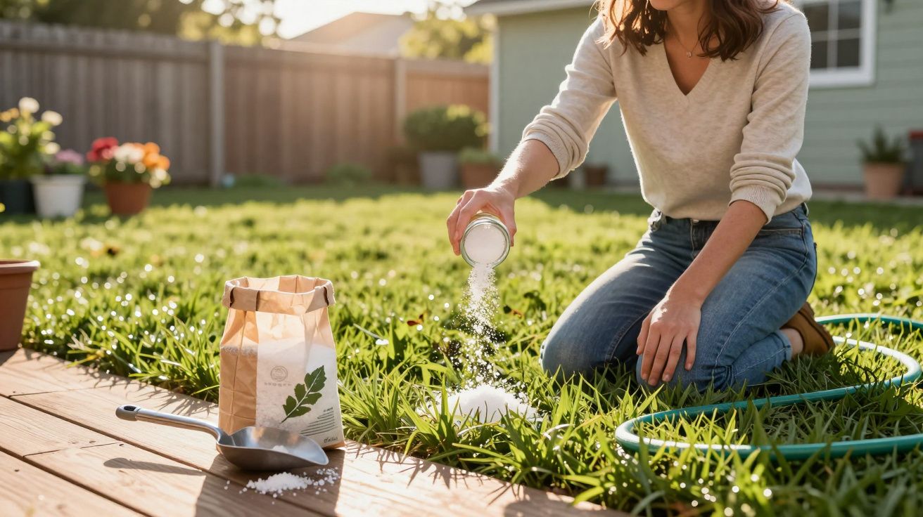 Pessoa a espalhar sal grosso no jardim durante o dia, com saco de sal e mangueira ao lado.