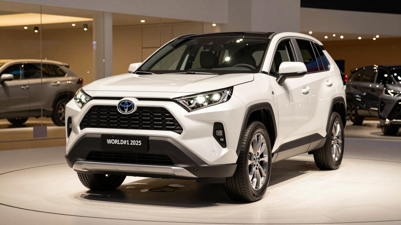 Carro SUV Toyota branco modelo 2025 exibido numa exposição automóvel com iluminação interior.