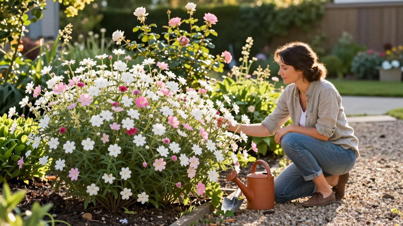 Mulher ajoelhada a cuidar de flores brancas e rosa num jardim ensolarado, com regador e pá ao lado.