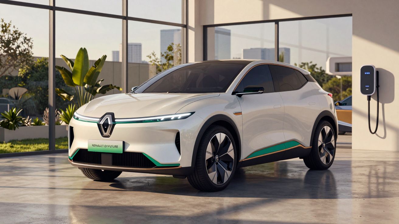 Carro elétrico branco Renault E-Tech estacionado em garagem moderna com estação de carregamento na parede.
