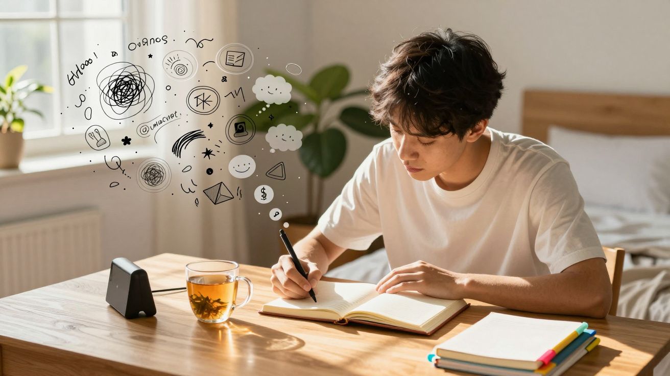 Jovem a escrever num caderno numa mesa com chá, com símbolos e desenhos a flutuar à sua frente.