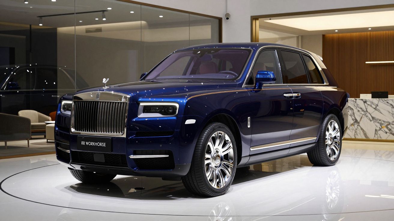 Carro de luxo SUV Rolls-Royce azul escuro exposto em ambiente moderno e elegante.