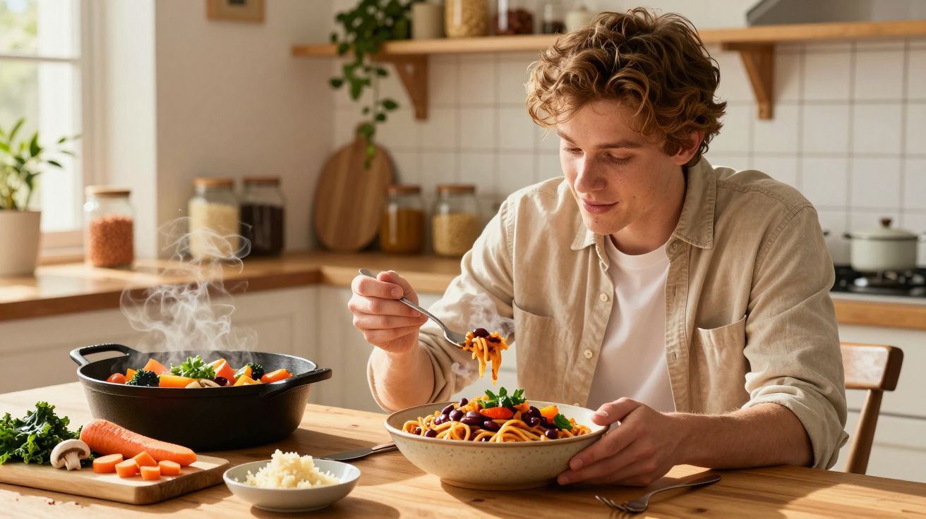 Homem sentado a comer esparguete com molho de tomate numa cozinha luminosa e moderna.