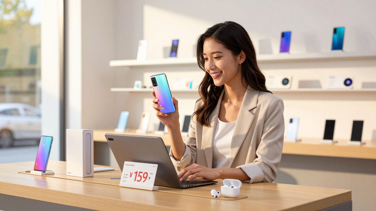 Mulher numa loja de tecnologia segura telemóvel enquanto usa portátil, rodeada de dispositivos eletrónicos.