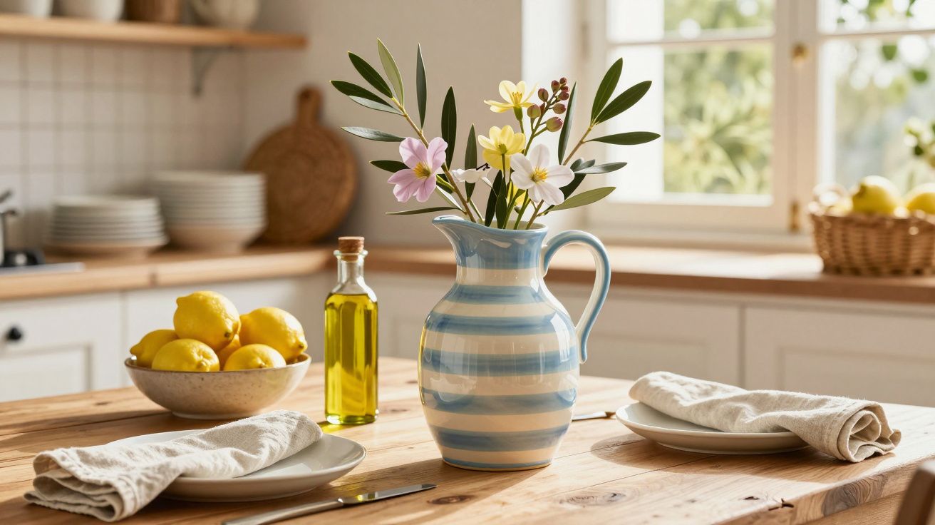 Jarro às riscas com flores numa mesa de cozinha de madeira, com limões, azeite e pratos.