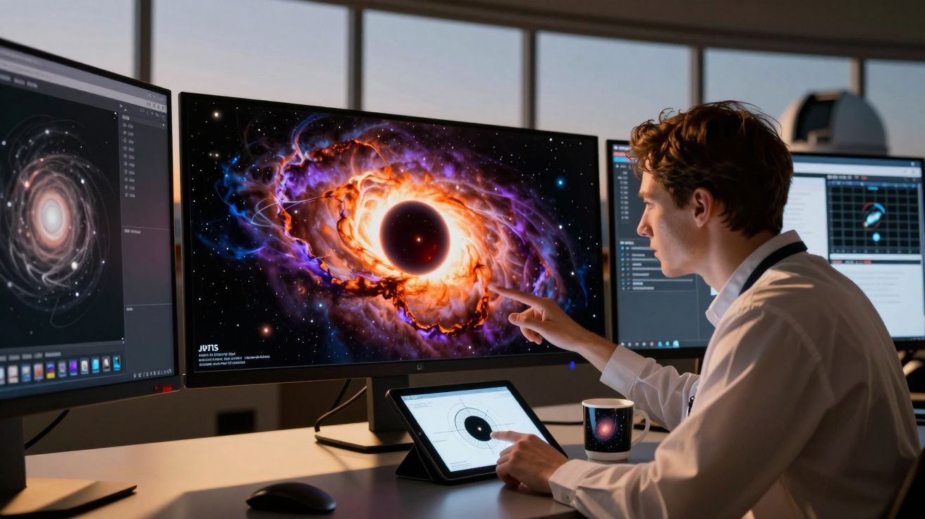Cientista num laboratório a analisar imagens digitais de buraco negro em vários ecrãs.