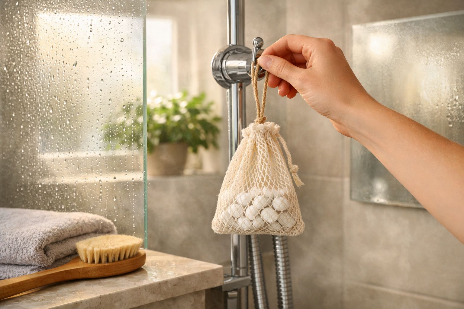 Mão a pendurar rede com bolas de shampoo sólido num chuveiro com toalha e escova num suporte.