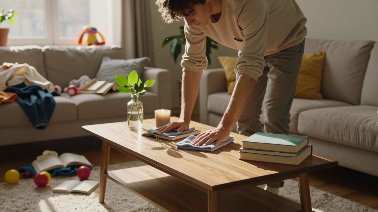 Pessoa a limpar mesa de centro numa sala de estar com sofá, almofadas, livros e brinquedos espalhados.
