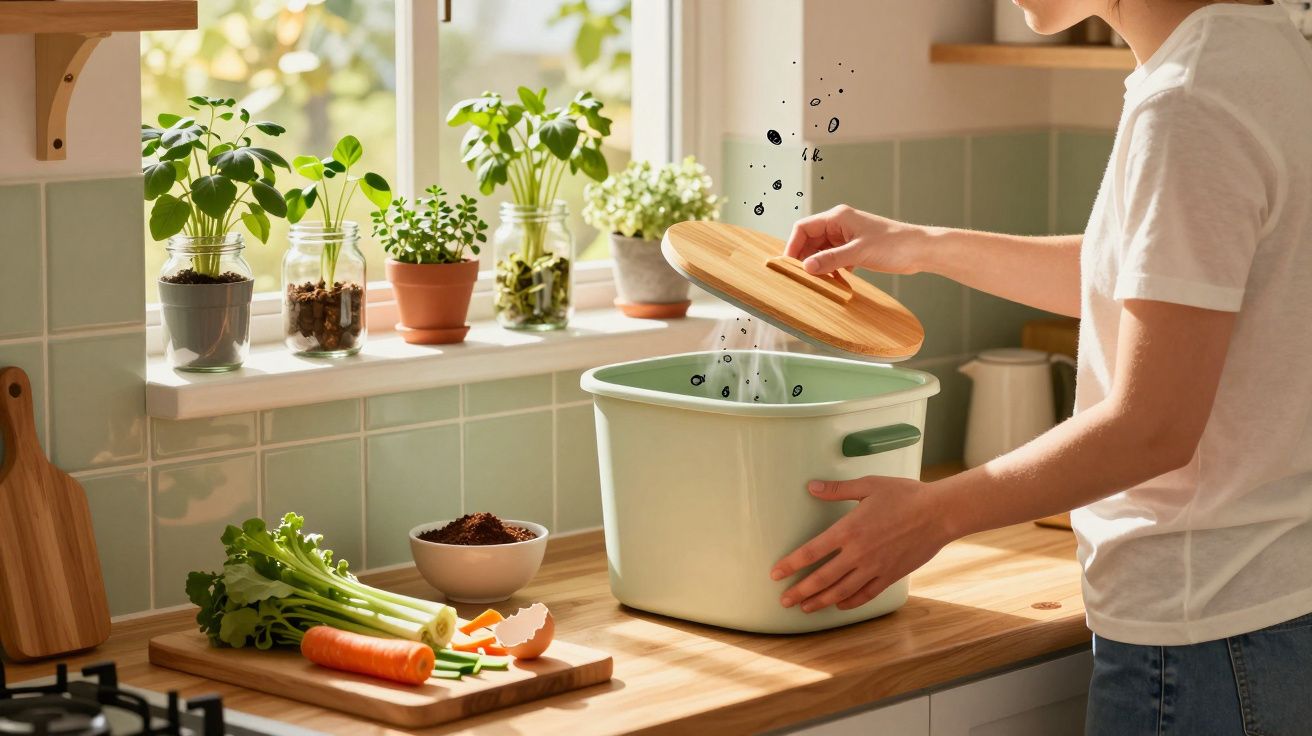 Pessoa a abrir uma compostagem na cozinha com plantas e legumes frescos numa bancada iluminada pela janela.