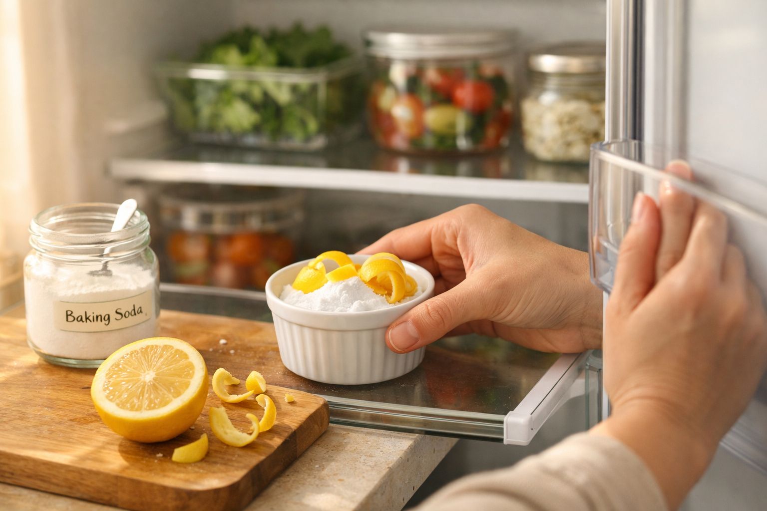Mãos a colocar taça com bicarbonato de sódio e raspas de limão no frigorífico com limão cortado ao lado.