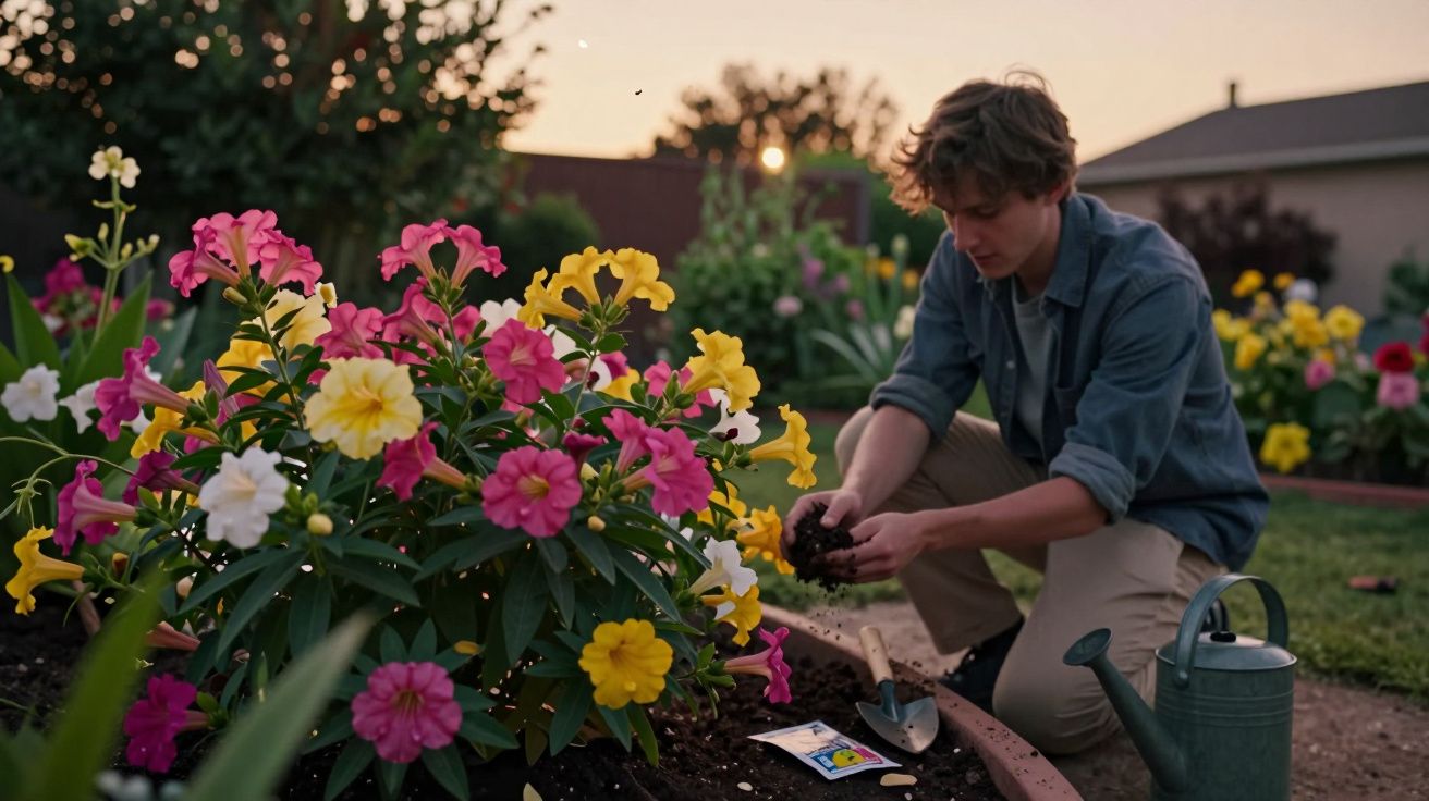 Jovem a cuidar de flores coloridas num jardim ao entardecer, com regador e ferramentas próximas.