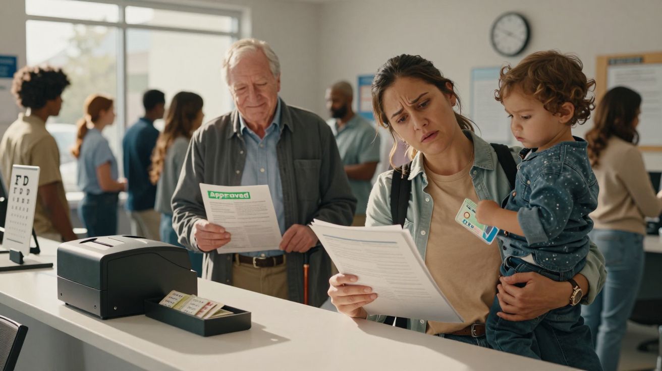Mulher com criança ao colo verifica documentos num balcão, com várias pessoas em fila numa sala iluminada.