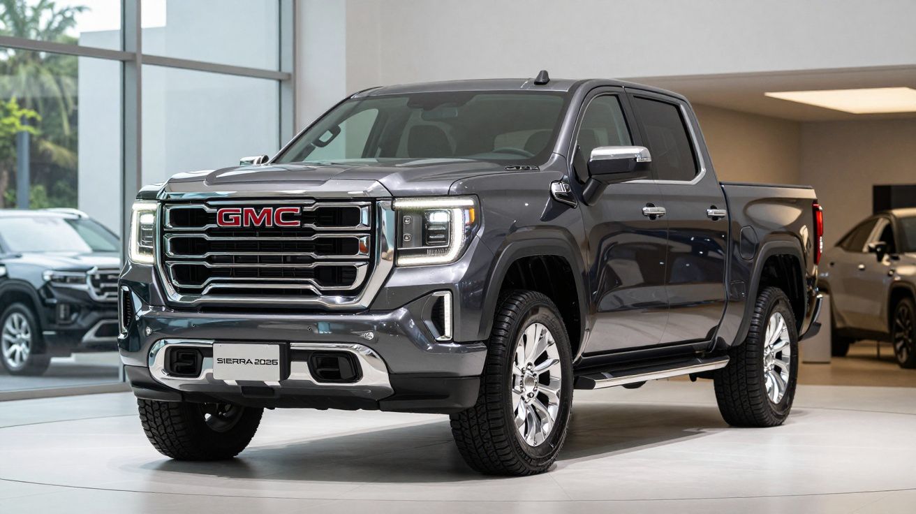 Picape GMC Sierra 2023 cinza escuro estacionada em exposição interior moderna.