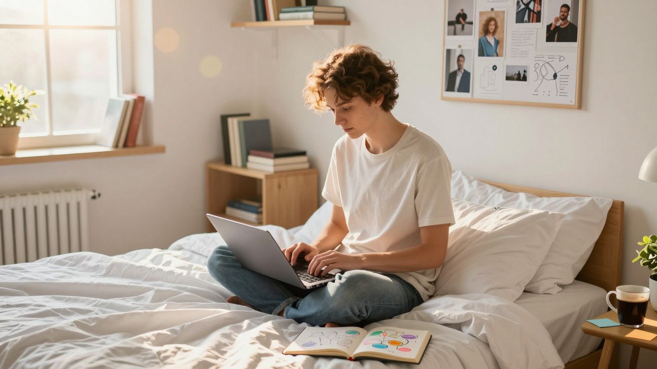 Jovem sentado na cama a trabalhar num laptop, com um livro aberto e iluminação natural no quarto.