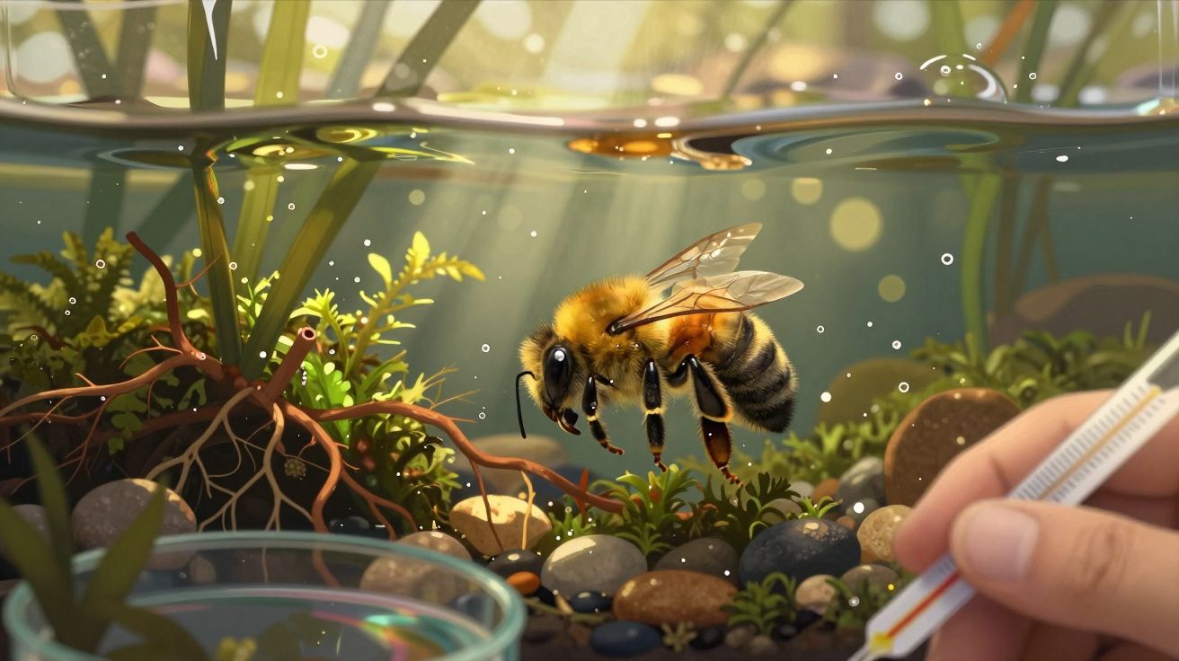 Abelha submersa em aquário com plantas aquáticas, pedras e mão segurando termómetro.