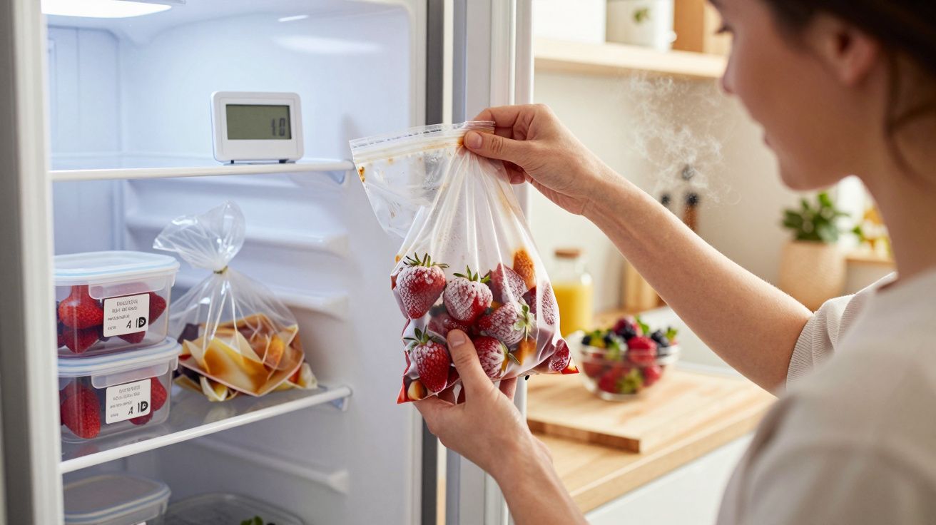 Pessoa a guardar morangos congelados num congelador doméstico com alimentos embalados e digitais.