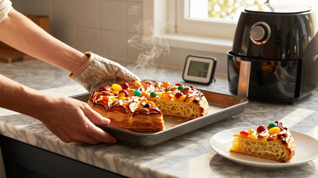 Pessoa a retirar bolo quente decorado com amêndoas e frutos coloridos do forno num tabuleiro de metal.