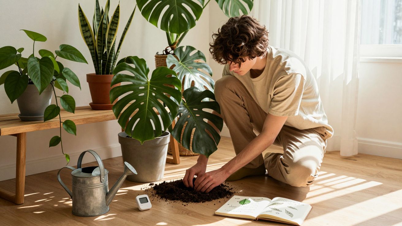Pessoa sentada no chão a cuidar de plantas com regador, livro e termómetro à volta numa sala iluminada.