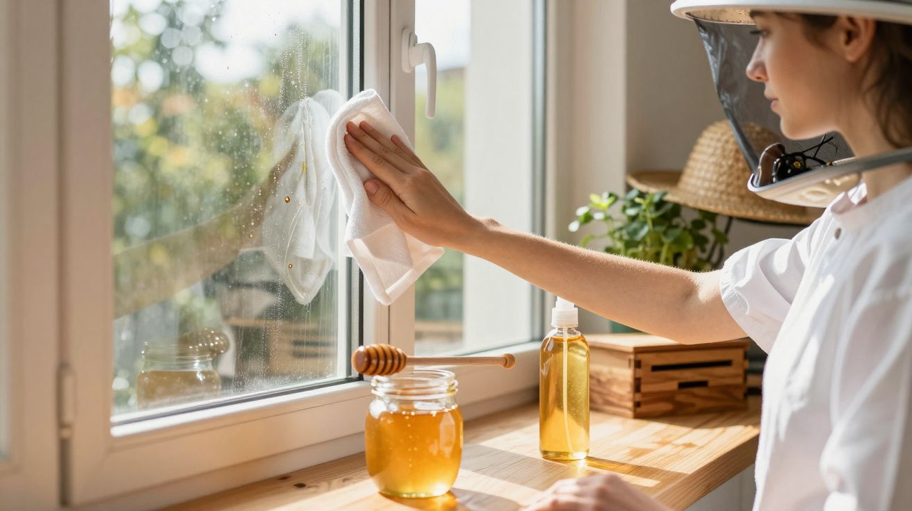 Pessoa a limpar uma janela com um pano, com frasco de mel e óleo numa bancada junto à janela.