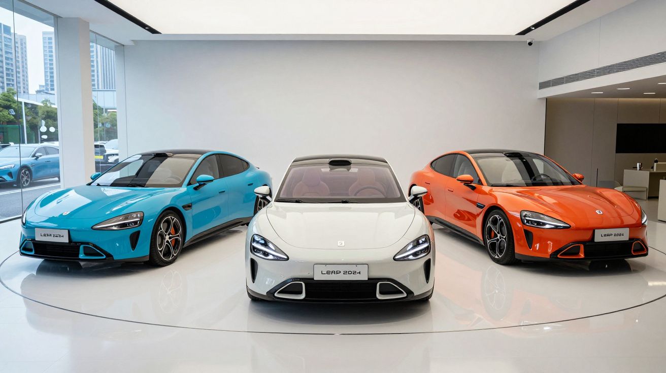 Três carros elétricos LEAP 2024 expostos em cores azul, branco e laranja num showroom moderno.
