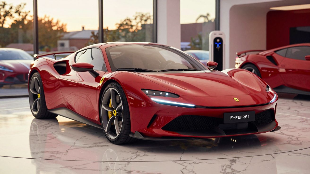 Carro desportivo elétrico Ferrari vermelho exposto em salão com piso de mármore e carregador ao fundo.