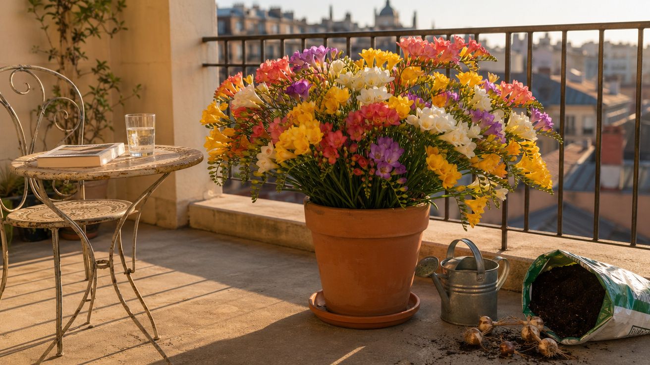 Vaso grande com flores coloridas num terraço ao pôr do sol, ao lado de regador, terra e um pequeno banco com copo e livro.
