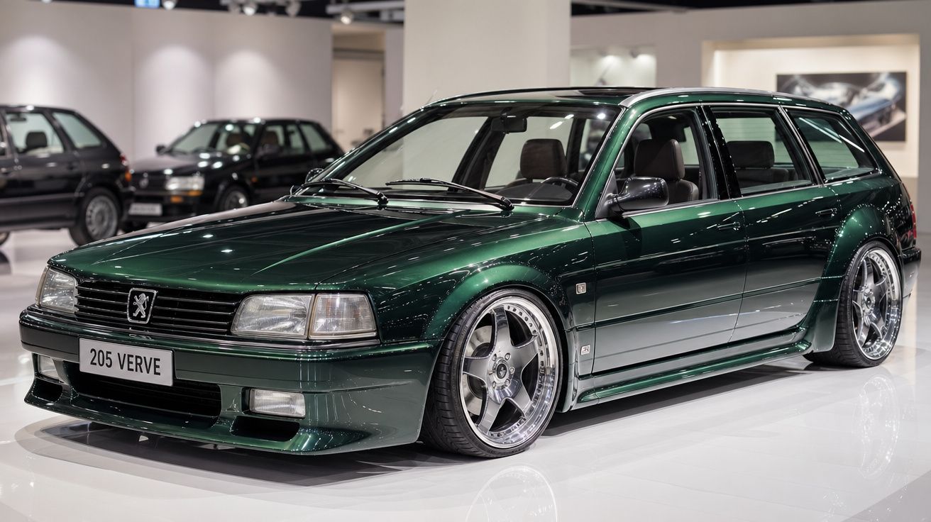 Peugeot 205 Verve verde metálico com jantes desportivas exposto em salão automóvel.
