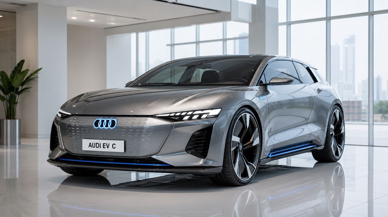 Carro elétrico Audi EV C cinzento em exposição, com design futurista e linhas aerodinâmicas.