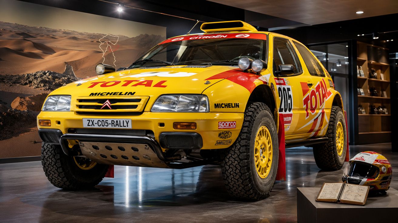 Carro de rali Citroën amarelo com patrocínios Total e Michelin em exposição interior, capacete e caderno ao lado.