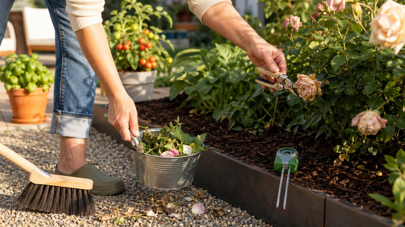 Pessoa de calças de ganga a apanhar flores murchas num jardim com tesoura de poda e balde metálico.