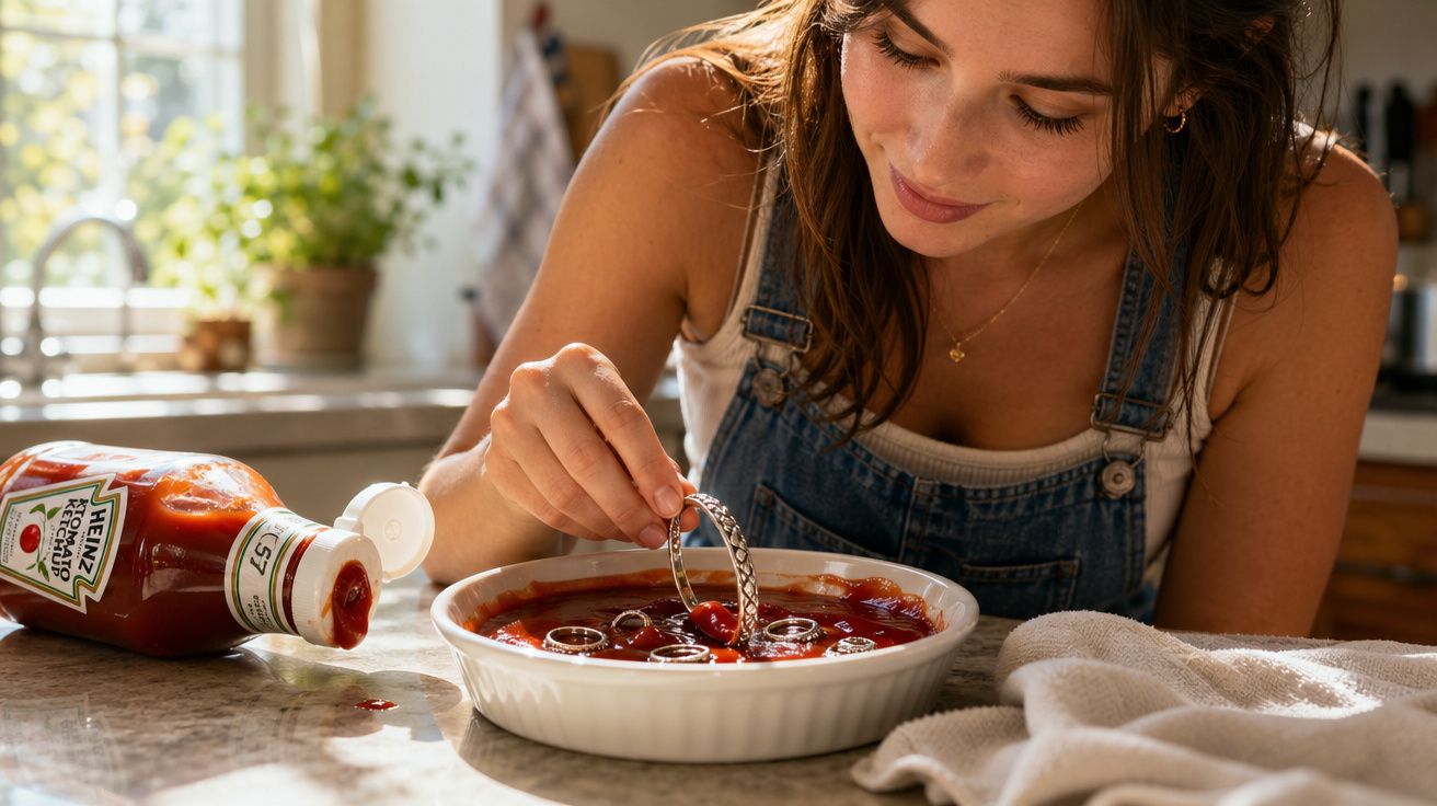 Mulher usa anel para fazer anéis no ketchup num recipiente branco numa cozinha iluminada.