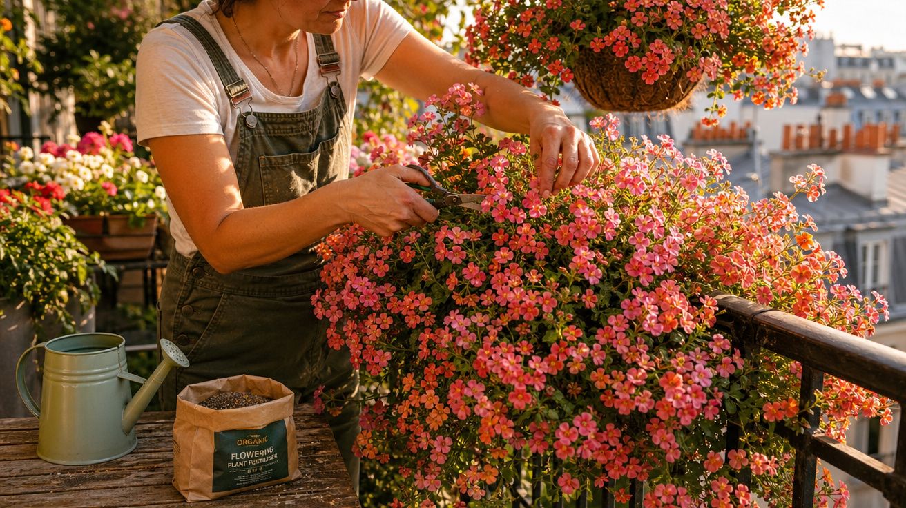 Pessoa a cuidar de flores cor-de-rosa num terraço com regador e fertilizante num dia soalheiro.