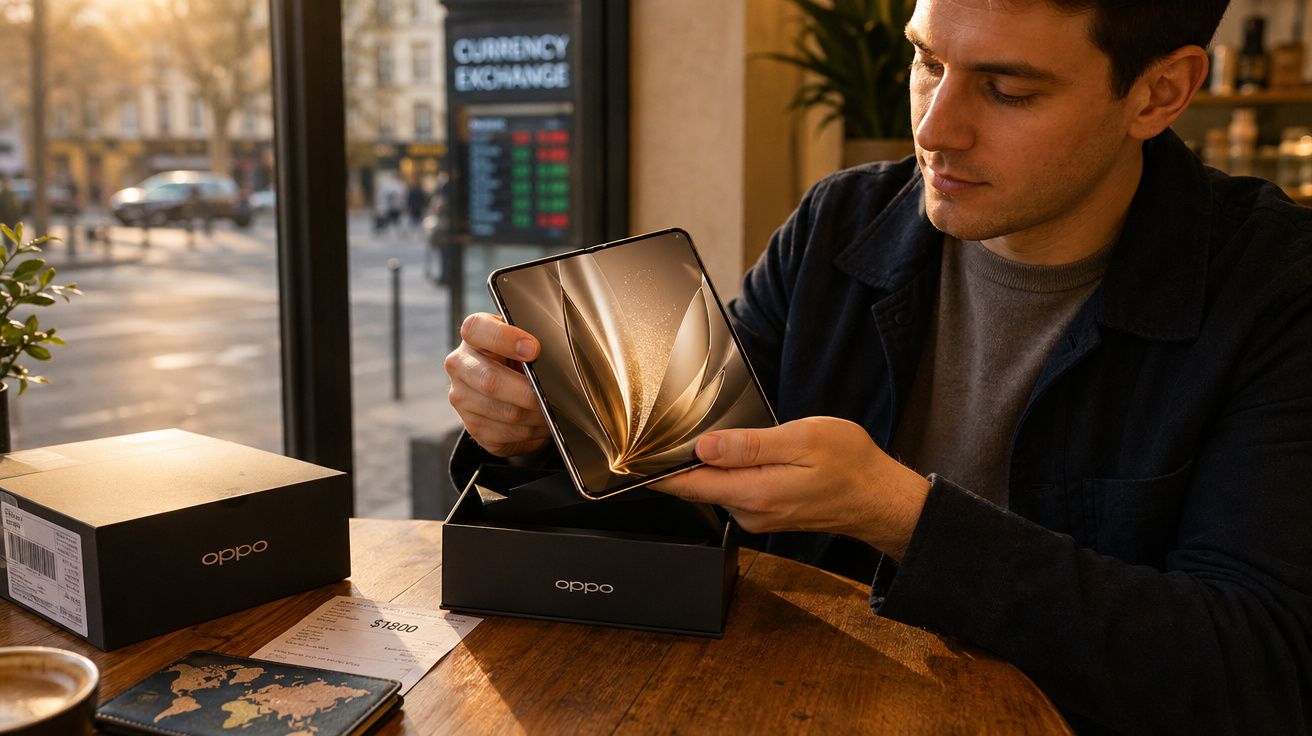 Homem a desembrulhar telemóvel dobrável Oppo num café com janela para rua.