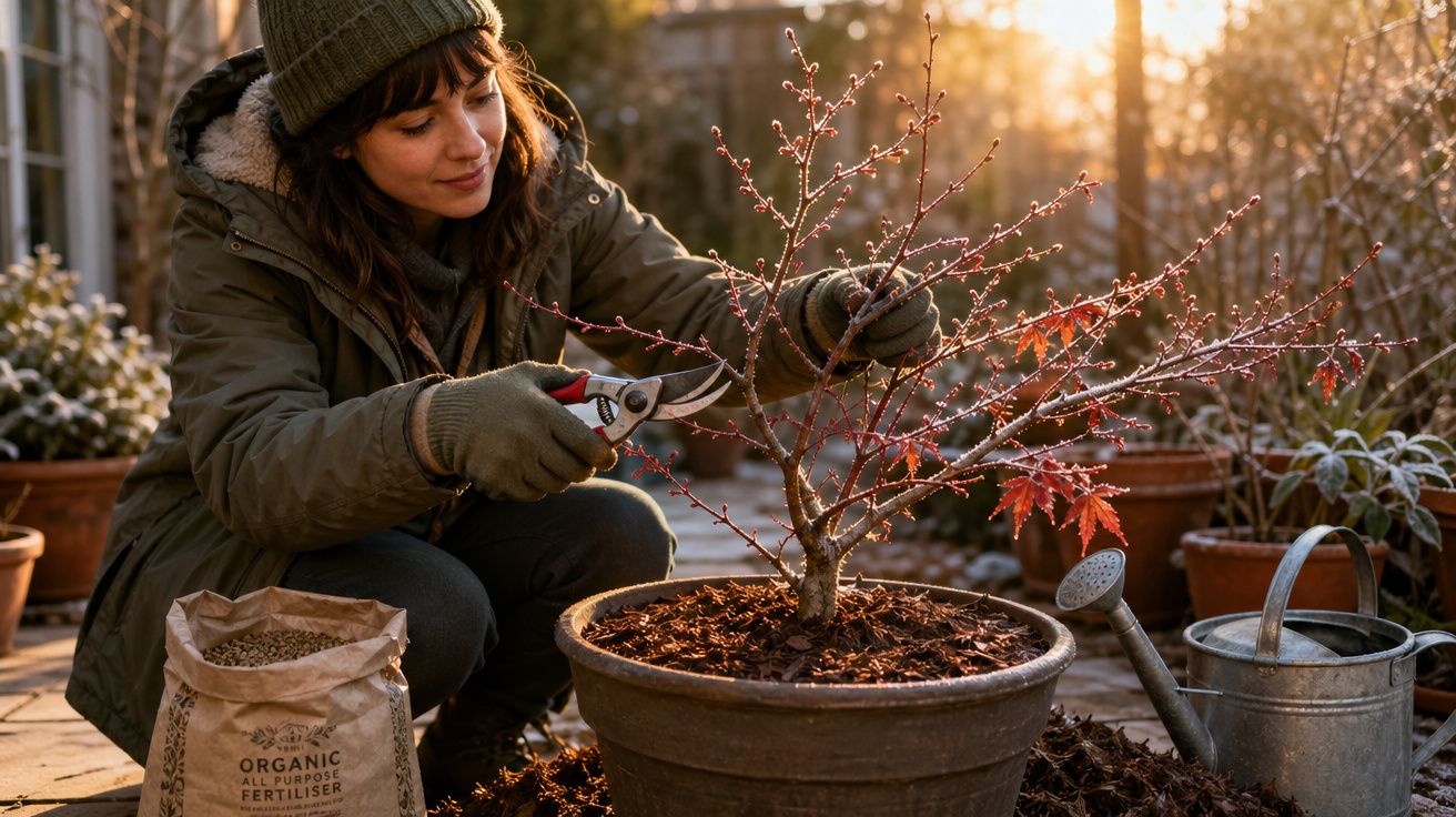 Mulher com roupa de inverno podando árvore em vaso numa varanda ao pôr-do-sol, com regador e fertilizante à frente.