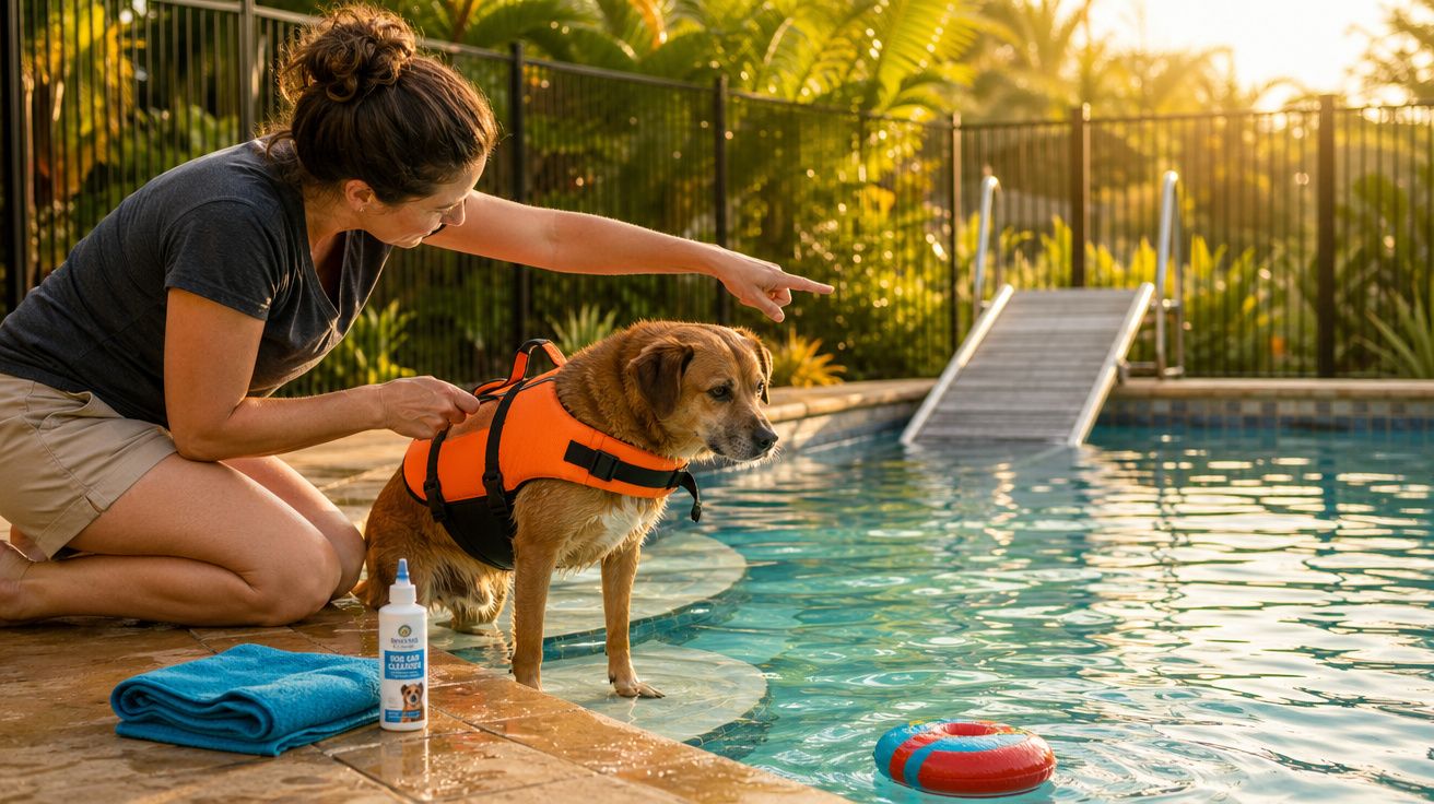 Mulher com cão de colete salva-vidas junto a piscina, prestes a lançar brinquedo flutuante na água.