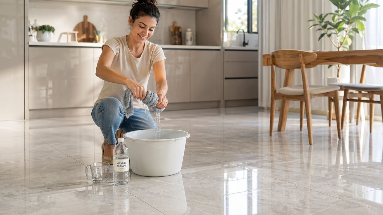 Mulher a limpar o chão de uma cozinha moderna com um pano e vinagre branco num balde.
