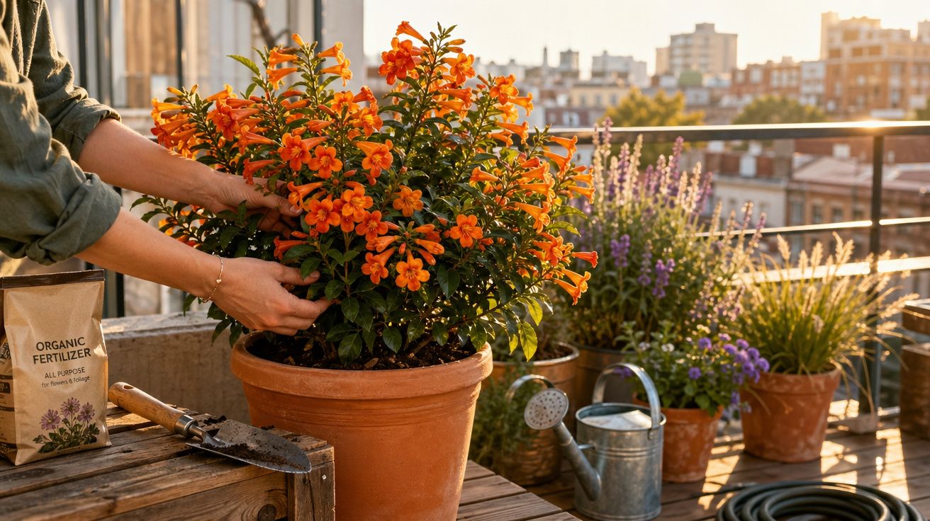 Pessoa a cuidar de planta com flores laranja num vaso de barro numa varanda com luz do pôr do sol.