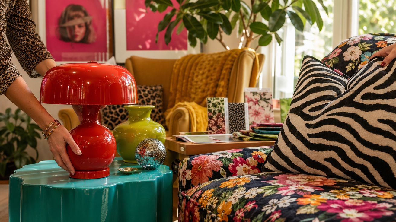 Pessoa a ajustar candeeiro vermelho em mesa azul num ambiente com poltronas floridas e almofada zebra.