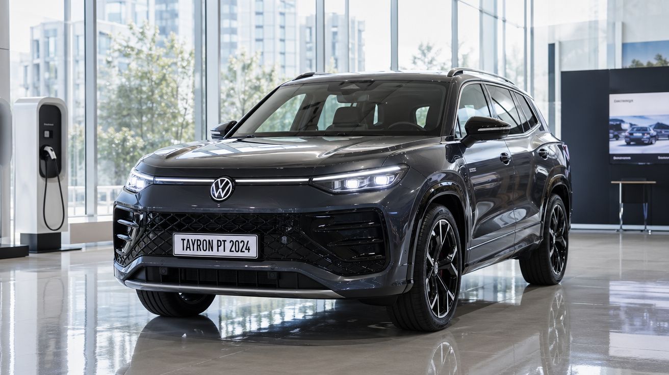 Carro Volkswagen Tayron PT 2024 cinza escuro, estacionado dentro de concessionária moderna com carregador elétrico.