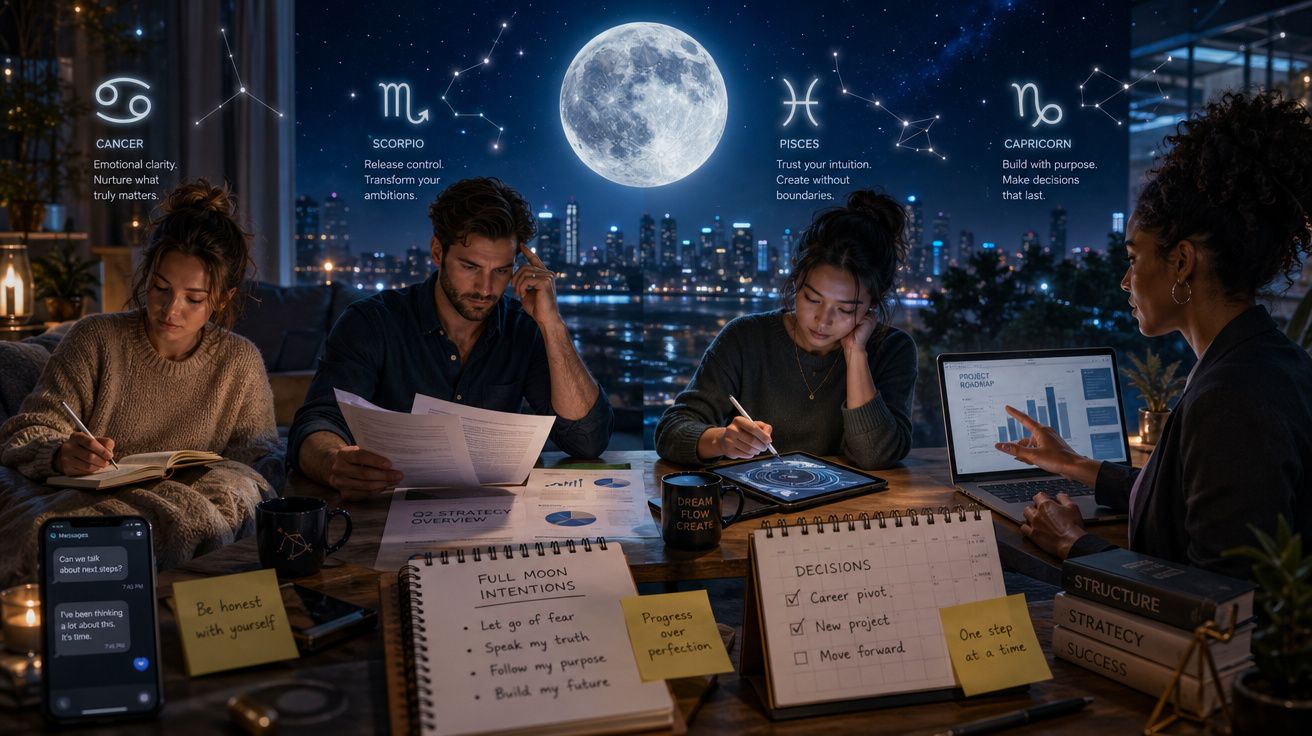 Grupo de quatro pessoas a trabalhar à noite com símbolos do zodíaco e cidade iluminada ao fundo.