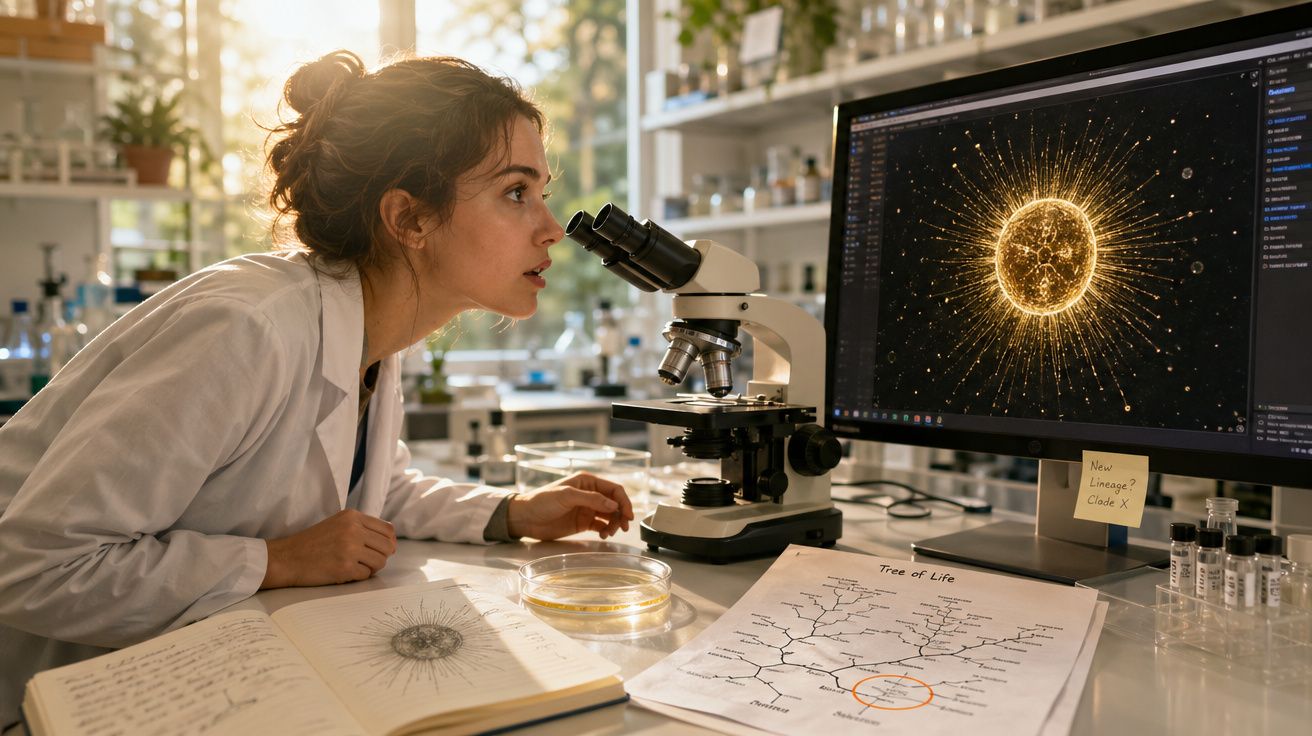 Cientista a observar pelo microscópio, com gráficos científicos e imagem digital de estrutura molecular no ecrã.