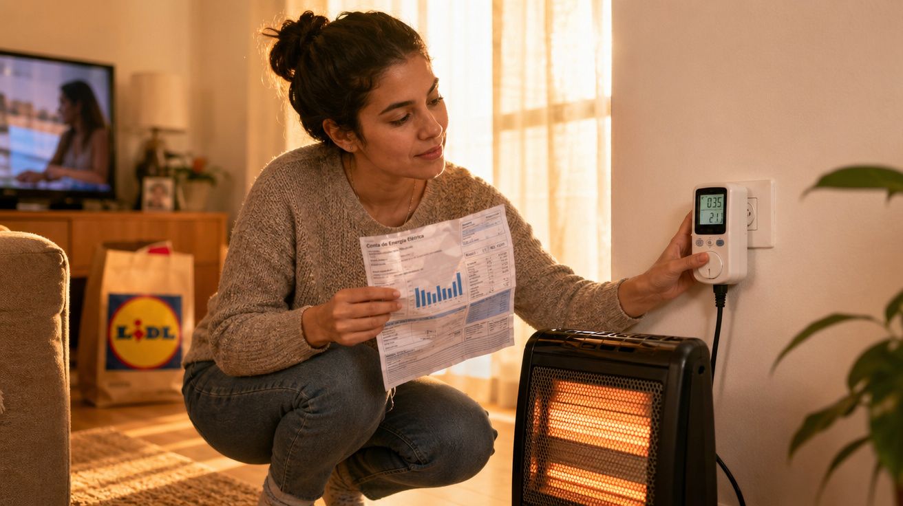 Mulher a ajustar o termostato de um aquecedor elétrico enquanto segura uma fatura de energia.